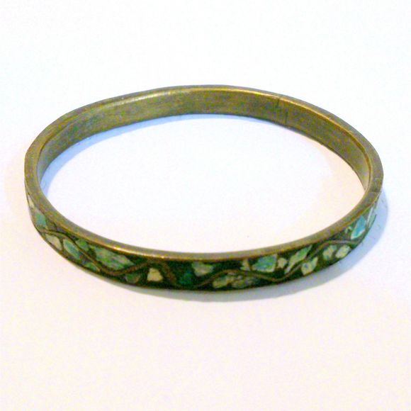 Vintage Brass Mosaic Crushed Stone Inlay Bangle Bracelet - Picture 1 of 4